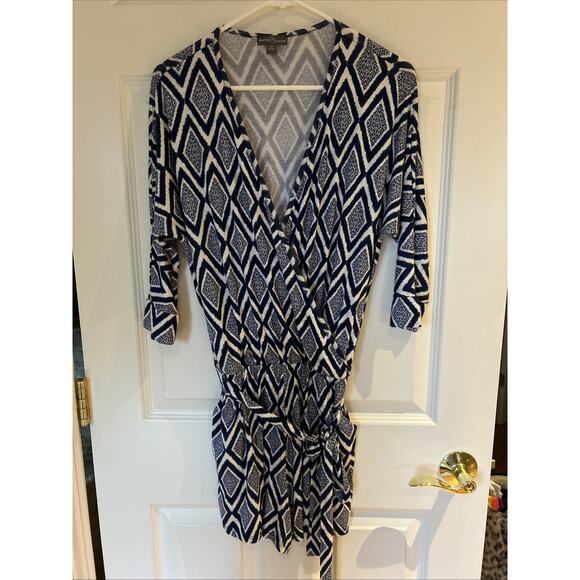 Market and Spruce Women Blue Ikat print Romper knit self belt sz M pockets dolma - Picture 1 of 14